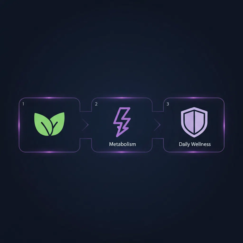 Three-step flat infographic showing plant extract absorption, energy metabolism support and daily wellness routine
