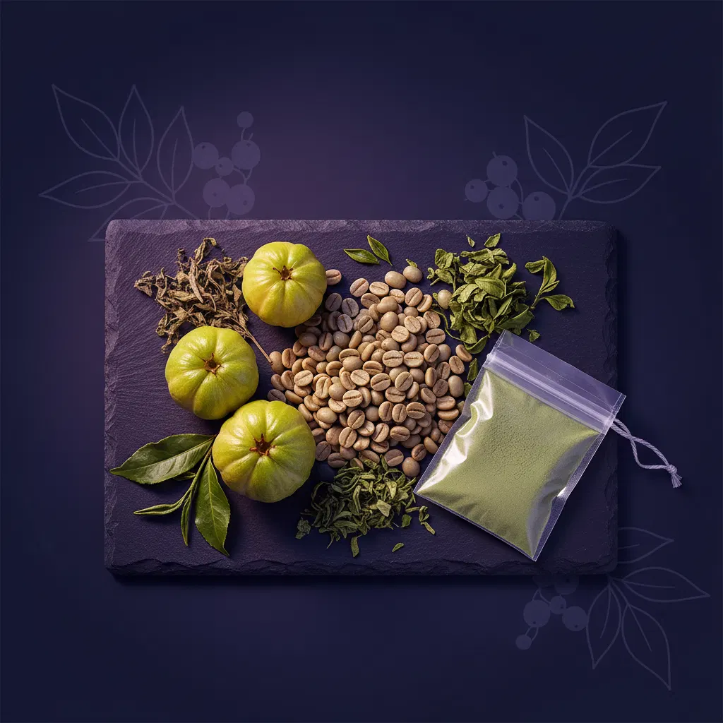 Flat lay of green coffee beans, garcinia cambogia fruits and botanical ingredients on a dark slate surface