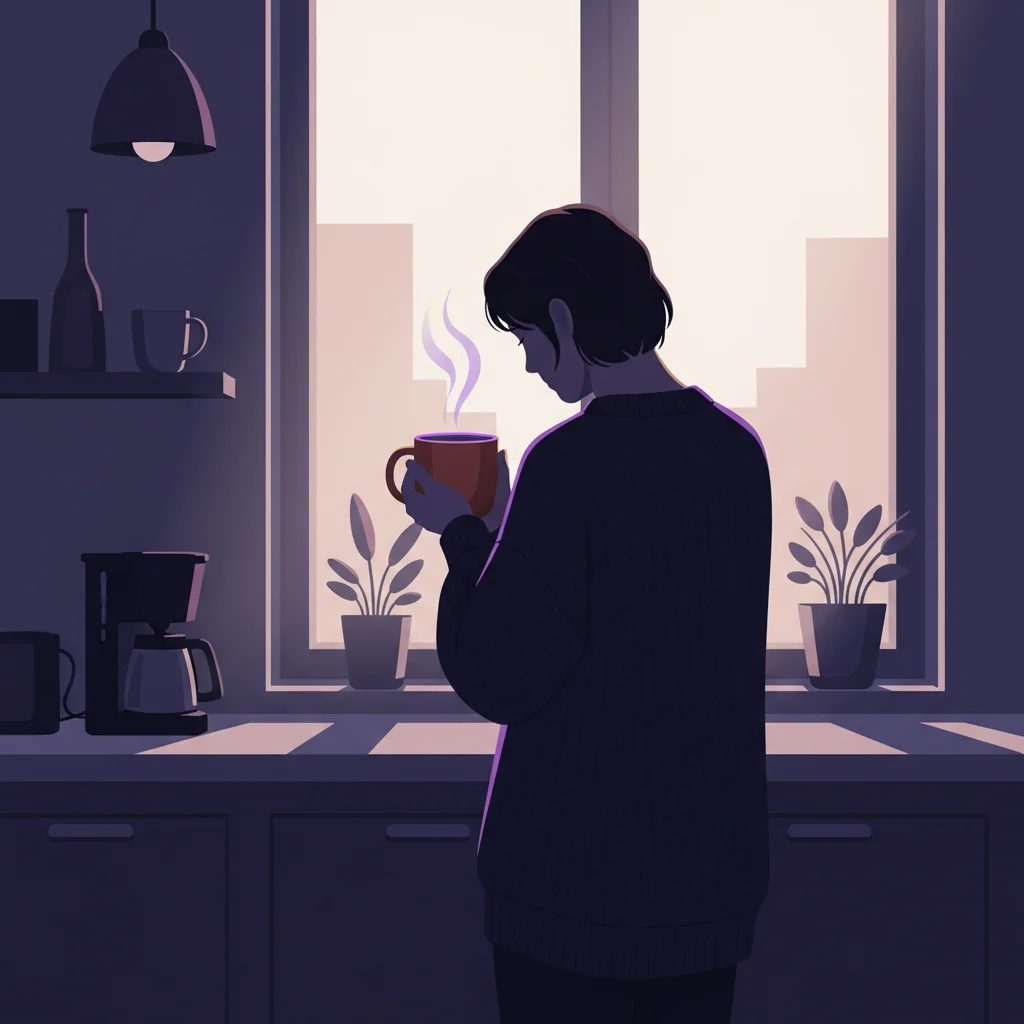 Person holding a warm coffee mug by a kitchen window during their morning routine