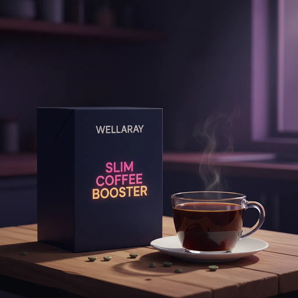 Wellaray Coffee carton box on a kitchen counter beside a glass coffee cup and green coffee beans